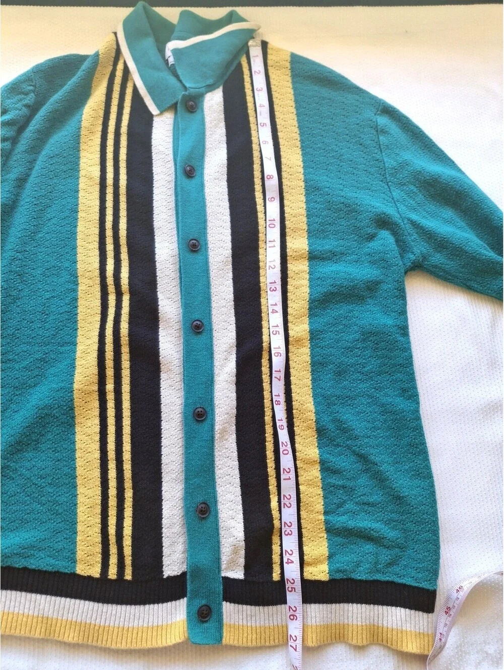 Urban Outfitters Men's M Teal Knit Polo Cardigan 100% Cotton Retro Stripe